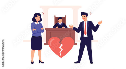 Flat vector illustration of angry man and woman arguing in divorce court with judge and broken heart symbol, representing legal conflict, relationship crisis, family law, and separation process