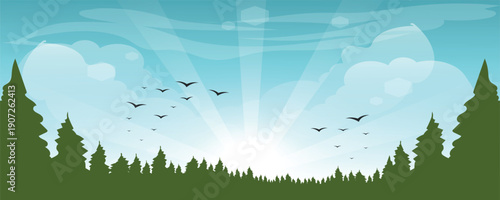 Bright sunrise scene with forest silhouettes, flying birds, soft clouds, and sun rays in a clear sky. Fresh and uplifting nature illustration symbolizing freedom and new beginnings.