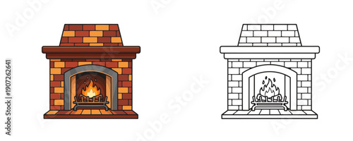 Classic brick fireplace with glowing orange fire and wooden logs in cartoon style for cozy home interior or winter holiday atmosphere on white background