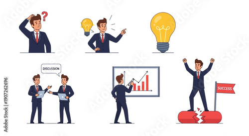 Flat Vector Illustration Set of Businessman Character Developing Ideas, Analyzing Data, and Achieving Career Success