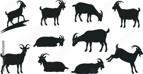 Goat Silhouette Illustration Set with Standing Grazing Walking and Resting Poses for Farm Logos Rustic Branding and Vector Design Projects