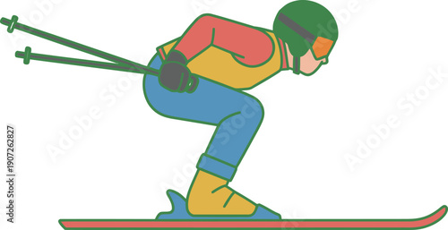 Downhill skiing vector illustration of athlete in crouched posture, wearing colorful gear with helmet and goggles, dynamic slope action vector.