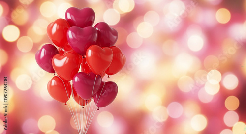 A festive bunch of red heart-shaped balloons float in the air on Valentine's Day indoors.