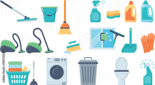 Home Cleaning and Housekeeping Icon Set with Cleaning Tools, Laundry Equipment, Detergents, Window Washing, and Household Hygiene Elements in Flat Vector Style