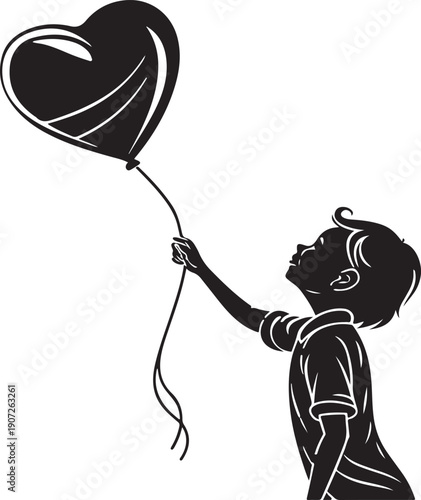 Heart shaped balloon held by hand black silhouette vector symbolizing love romance affection for Valentine’s Day design and branding