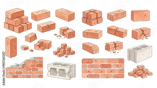 Collection of watercolor illustrations featuring various red bricks and concrete blocks for construction projects.