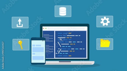 Wallpaper Mural Flat illustration of software development workspace with laptop showing code editor, mobile interface, and upload system icons representing file transfer and digital workflow.
 Torontodigital.ca