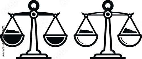 Two black and white of a justice scale with liquid in the pans representing balance