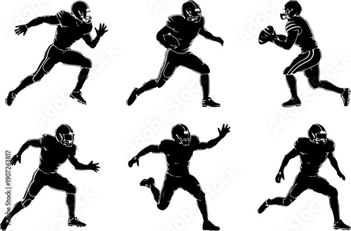 American Football Player Action Silhouettes – Running and Catching Poses
