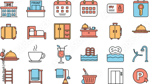 Hotel and Hospitality Icon Set with Reception, Room Furniture, Luggage, Dining Services, Swimming Pool, Bathroom Amenities, and Guest Facilities in Flat Vector Style