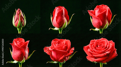 Secuencia visual sobre fondo negro que muestra el ciclo de vida de una rosa roja, desde un capullo cerrado hasta su florecimiento completo en etapas detalladas.