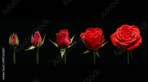 Secuencia visual sobre fondo negro que muestra el ciclo de vida de una rosa roja, desde un capullo cerrado hasta su florecimiento completo en etapas detalladas.