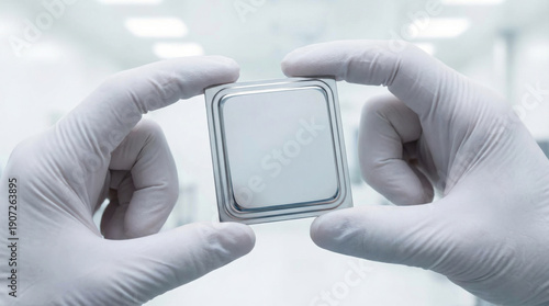 Close-up of a hand in a sterile glove holding a big modern blank computer processor in a cleanroom laboratory.