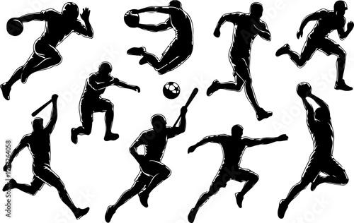 American Football Player Action Silhouettes – Running and Catching Poses