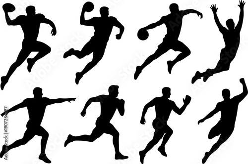 American Football Player Action Silhouettes – Running and Catching Poses