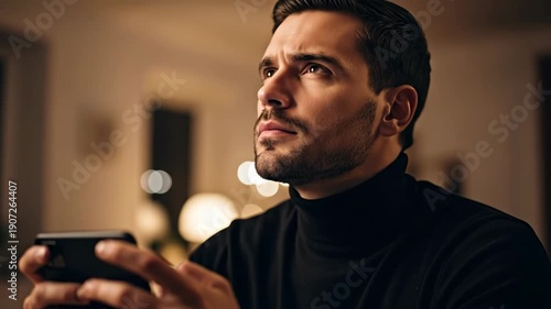 Wallpaper Mural A thoughtful man holding a smartphone in a cozy indoor setting. Torontodigital.ca