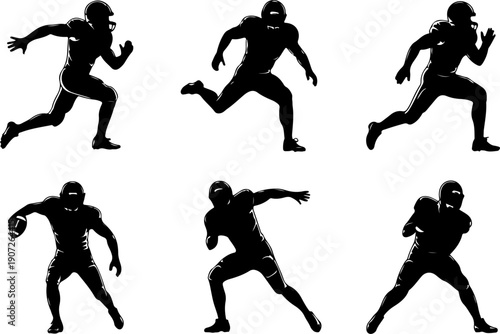 American Football Player Action Silhouettes – Running and Catching Poses
