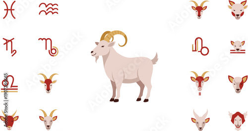 Aries Zodiac Illustration Set with Ram Goat Character Astrology Symbols and Horoscope Icons for Esoteric Branding and Vector Design Projects