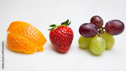 Isolated fruits, healthy eating for food lifestyle, orange slice, strawberry, green grapes. Red Strawberry Orange Slices Grapes isolated on a white background 