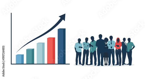 Business growth chart with a diverse team of professionals standing nearby