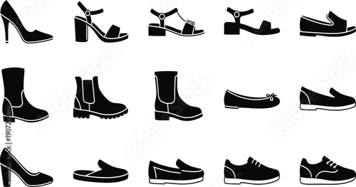 Black Footwear Silhouette Icon Set with High Heels Boots Flats Loafers and Casual Shoes for Fashion Logos Signage and Vector Design Projects