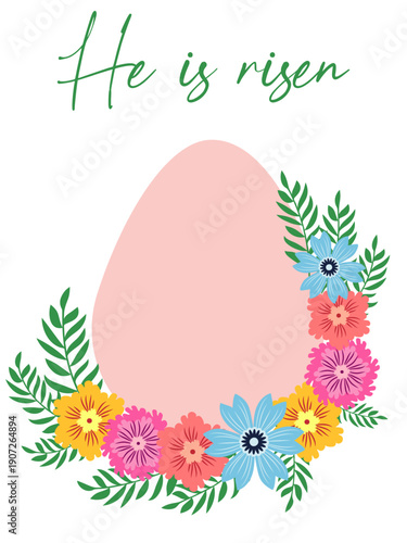 An Easter egg with a floral design and the inscription Christ is Risen. Creative card