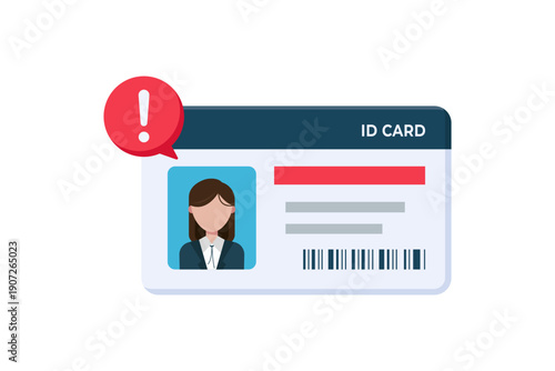 Vector illustration of an ID card with a photo of the user, with a red exclamation mark indicating a warning or security issue, suitable for identity verification topics.