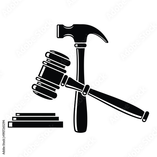 Black and white of a gavel crossed with a claw hammer on wooden planks monochrome des