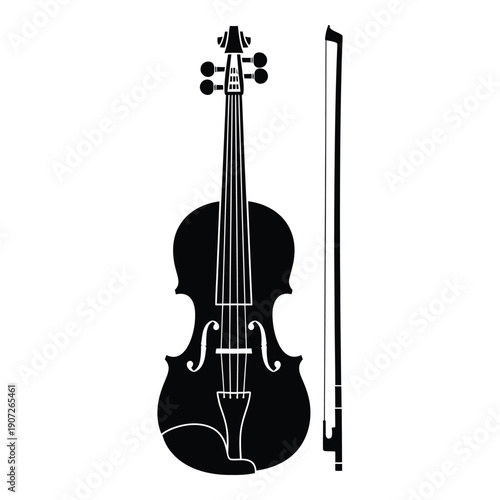 Black and white silhouette of a violin with bow isolated on white background musical instrument desi