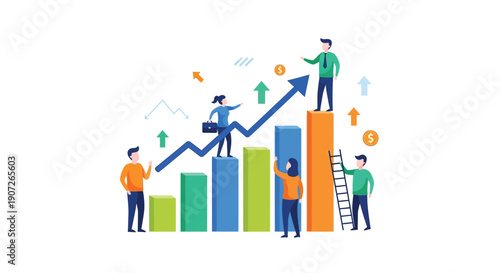 Teamwork and growth depicted with stylized figures climbing a financial chart