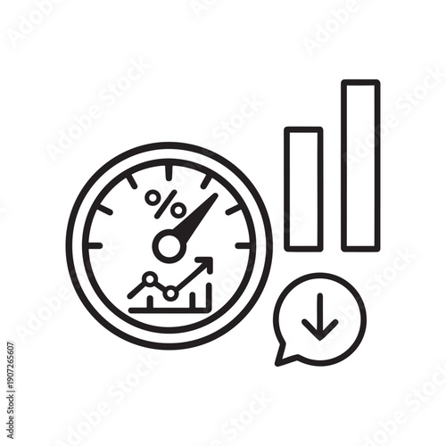 Gauge with upward trend graph and falling arrow meter dial percentage de