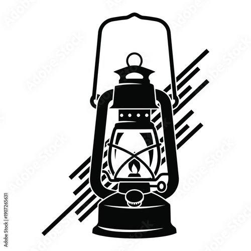 Black and white vintage kerosene lantern with radiating light beams monochrome