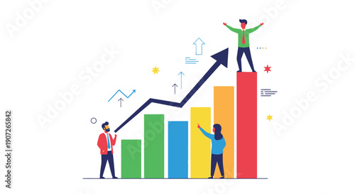 Business growth illustration with people reaching for success and upward trends