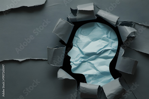 Torn paper revealing crumpled blue silhouette of human head on dark gray background