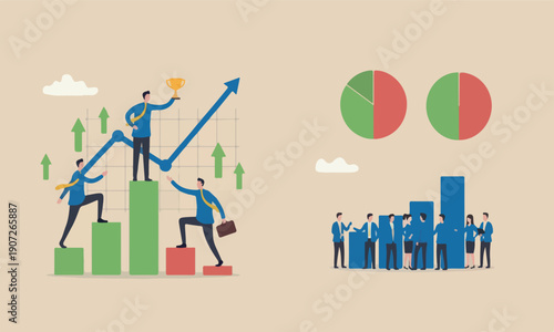 Business competitio achievement concept, business people compete performance graph with winner