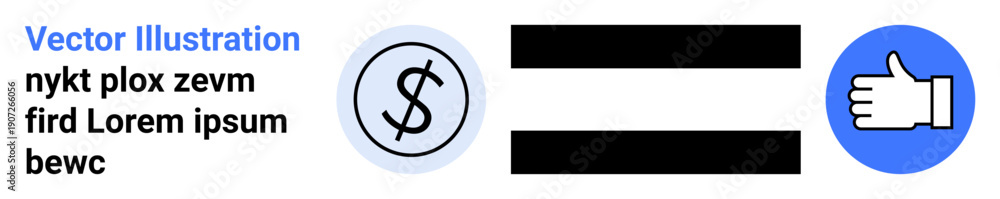 Obraz premium Financial equality, decision making, economic comparison, business concepts, monetary balance, approval ratings. A dollar sign and thumbs up symbol separated by equal sign. Financial equality