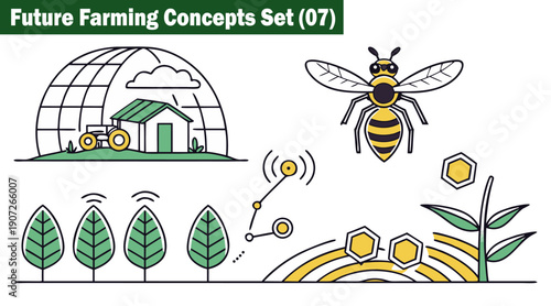 Future farming concepts set zero seven showing advanced technology, robots, futuristic agriculture, smart greenhouses, biodomes and bees for sustainable food production vector illustration.