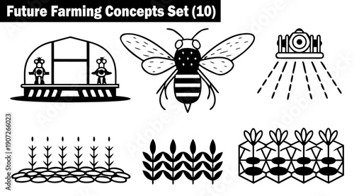 Future farming concepts set featuring advanced irrigation systems, robotic pollinators, and modular vertical gardening techniques for intelligent automated agricultural solutions vector illustration.