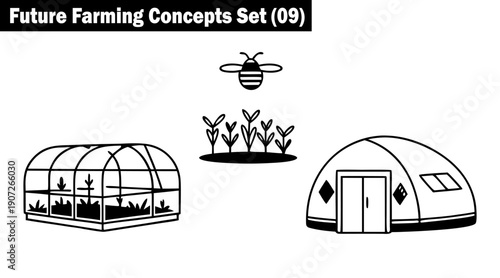 Future farming concepts set displaying modern greenhouse structures, automated pollinator drones, and sustainable plant cultivation systems for high-tech agricultural production vector illustration.