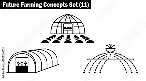 Future farming concepts set with innovative greenhouse designs, automated irrigation structures, and climate-controlled indoor agriculture systems for sustainable food production vector illustration.