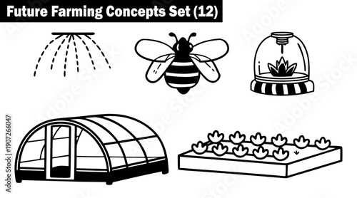 Future farming concepts set showcasing smart irrigation drones, robotic bees, and climate-controlled greenhouse environments for precision agricultural management and crop health vector illustration.