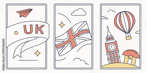 UK Icon Illustration Set – Union Jack Flag, Big Ben & Travel‑Themed British Graphics in Modern Minimalist Style, UK