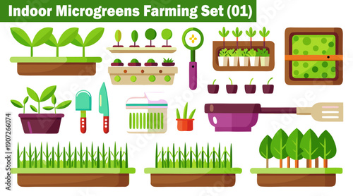 Indoor microgreens farming set with various green plants growing in pots and containers, along with gardening tools such as a shovel, trowel, and magnifying glass vector illustration.