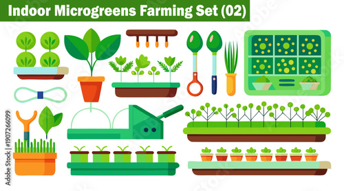 Indoor microgreens farming set featuring various potted plants, a watering system, gardening tools, and multi-level growing racks for cultivation vector illustration.