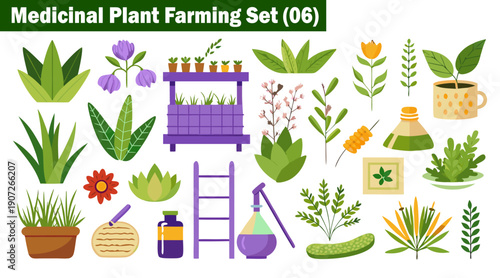 Medicinal plant farming set with various plants, pots, tools, and elements for traditional and modern herbal medicine cultivation and harvesting vector illustration.
