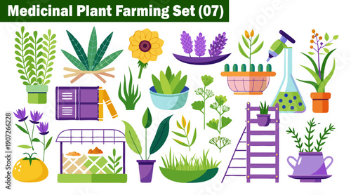Medicinal plant farming set with various herbal plants, gardening tools, and cultivation elements for botanical healing and traditional medicine vector illustration.