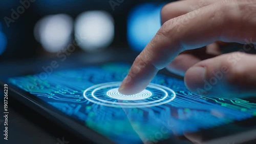 A finger touches a glowing fingerprint sensor on a tech device, activating
