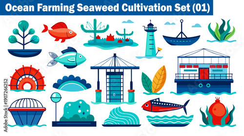 Ocean farming seaweed cultivation set with various marine elements, fish, boats, lighthouse, and underwater structures for aquaculture industry vector illustration.