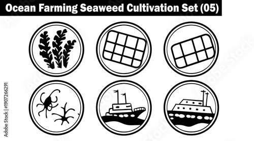 Ocean farming seaweed cultivation set five, collection of marine plants, underwater cages, sea creatures, and vessels for ocean agriculture vector illustration.