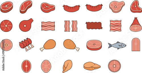 Cartoon Meat and Food Icon Set with Beef Pork Chicken Bacon Sausage Fish and Cuts for Restaurant Menus Packaging and Vector Designs
